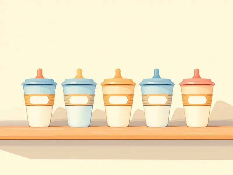 Row of identical toddler cups with blank name bands on a classroom shelf