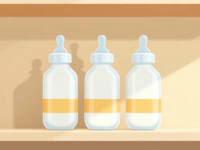 Three labeled baby bottles lined up on a daycare shelf