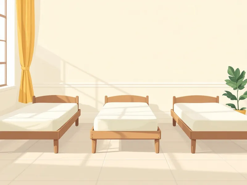 Row of spaced daycare cots with fitted sheets in a quiet classroom